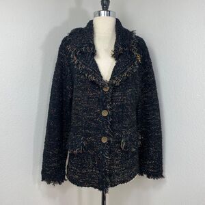 Roz & Ali Black Color Sprinkles Cardigan Sweater 1X Eye Lash Fringe Chunky Knit